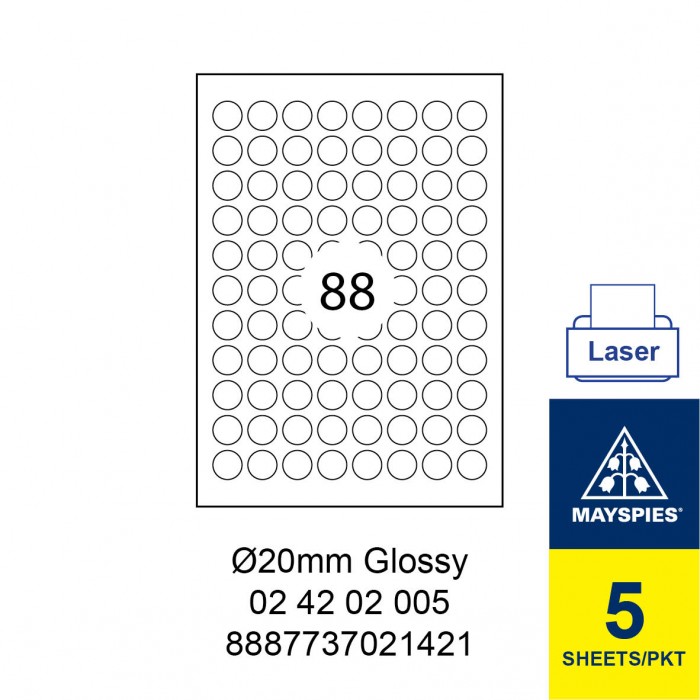MAYSPIES 02 42 02 005 PREMIUM COLOR LASER LABEL / 5 SHEETS/PKT WHITE GLOSSY 20MM ROUND